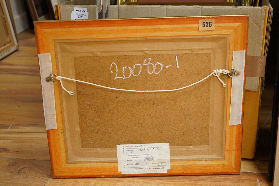 Charles Smith (Wapping Group, 1913-2003), 'Barny Arms', signed and dated '79, Chelsea Arts Society inscribed label verso, oil on board, 21 x 29cm